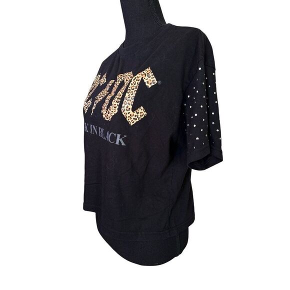 AC⚡️DC Black & Leopard Print Short Sleeved Cropped T-Shirt Back in Black Bedazzl - Picture 2 of 6
